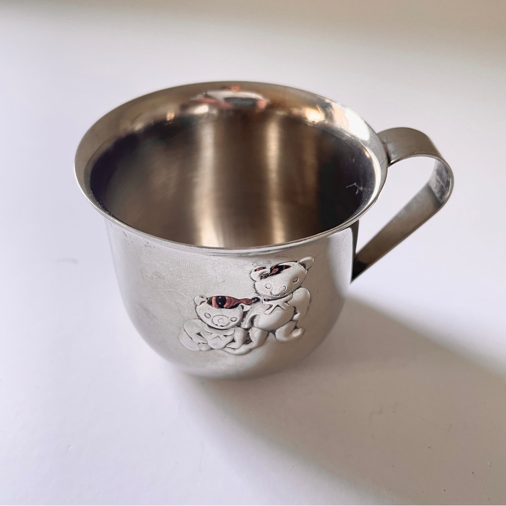 70’s Vintage Silver Plated Child Cup Double Teddy Bear Figurine Mug Mid Century